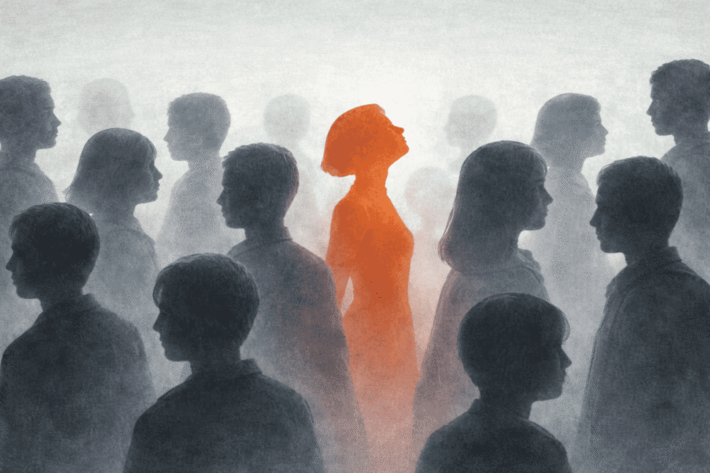 Woman standing alone in crowd symbolizing human trafficking